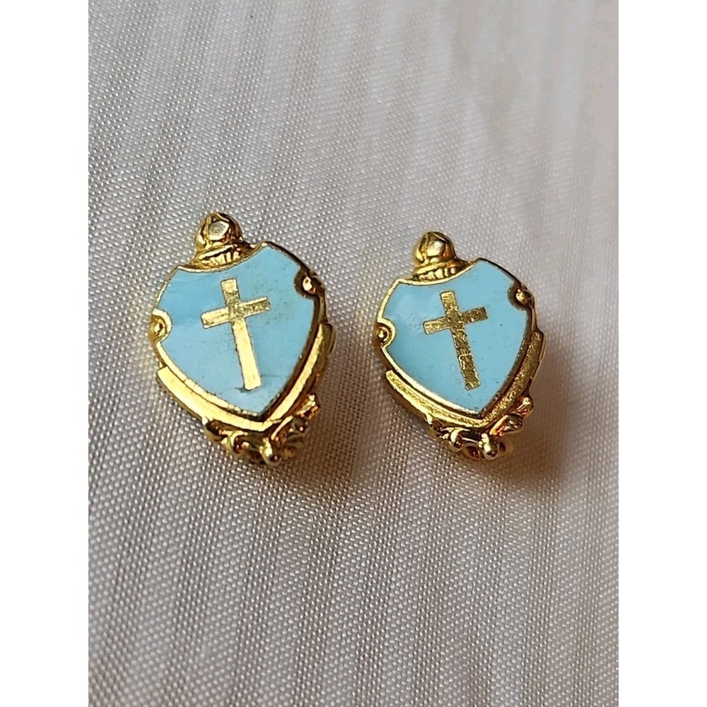 VTG Lot 2 Christian Shield‎ Of Faith Cross Religious Gold Blue Enamel Lapel Pin